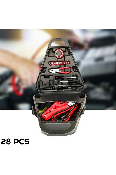 MTOOLS 28-Piece Car Emergency Kit with Jumper Cables, Pliers, Screwdrivers, Socket Set, Tape & Carry Case