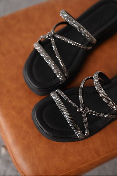 Moda Değirmeni Papuci de zi cu zi cu talpă groasă pentru femei negre, cu noduri, MD1091-122-0002