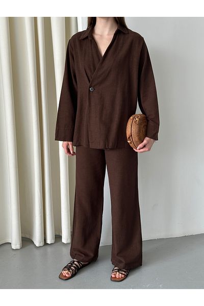 Laluvia Brauner Kimono-Hosensatz aus 100 % Baumwolle mit zweireihigem Verschluss und einem Knopf – 8351
