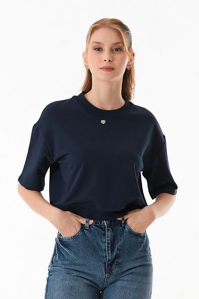 Fulla Moda Heart Detailed Ribbed Stand Collar T-Shirt