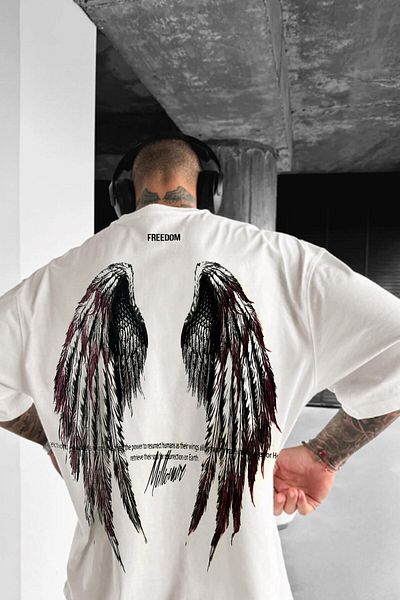 Teenage Millionaire Ανδρικό μπλουζάκι Ecru White Freedom Wing με στάμπα Oversize Loose