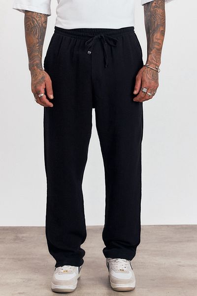 MADZEYMODA Ανδρικό Premium καλοκαιρινό ελαστικό παντελόνι μέσης 100% βαμβακερό μαύρο υφαντό LS-23100