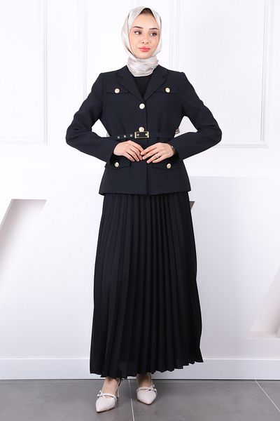 İmajButik Μαύρο Ζώνη Μπουφάν Φούστα Κρεπ Κοστούμι