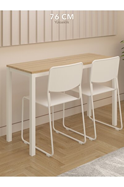 NEATS Safir Meşe Mutfak Masası, 45x116, Bar Masası, Metal Ayaklı Mutfak Masası, Ahşap Bar Mutfak Masası