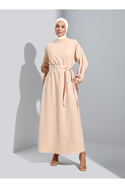 Refka Piping Detailed Crepe Hijab Dress - Macchiato -