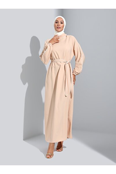 Refka Piping Detailed Crepe Hijab Dress - Macchiato -