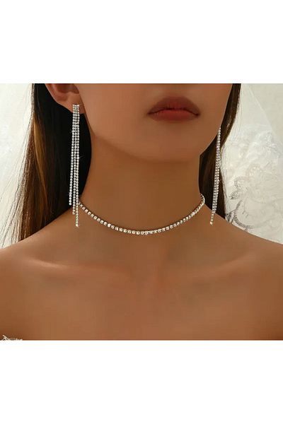 Mupten Single Row Necklace 3 Row Earrings Detailed Evening Dress Zircon Waterway Set Set