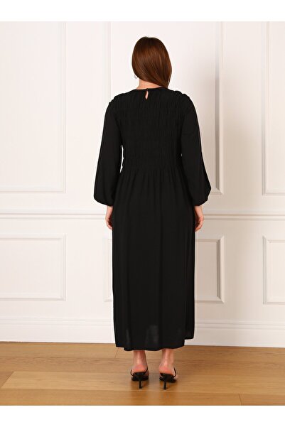 ALİA Plus Size Natural Fabric Gather Detailed Dress - Black - Alia