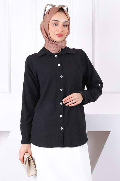 İmajButik Λινό πουκάμισο με μαύρη λαβή με κουμπιά