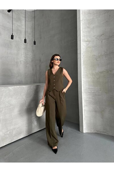 mangis KURDALE DÜĞMELİ İÇİ ASTARLI YELEKLİ PANTALON TAKIM PALAZZO ARKASI LAST...