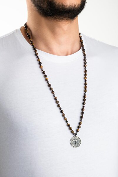 So CHIC... Hematit ve Kaplan Gözü Taşlı 80 Cm Gümüş Erkek Kolye