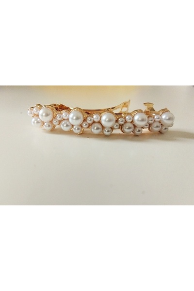 TREND Stylish and Elegant Automatic Clip Barrette with Pearl Row - Hair Accessory with Pearls on Flashy Gold Metal
