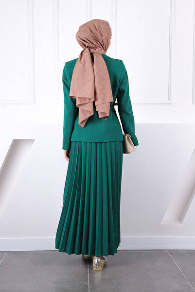İmajButik Emerald Green Belted Jacket Skirt Crepe Suit