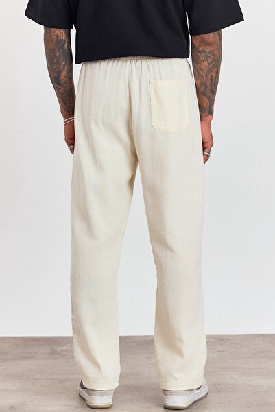 MADZEYMODA Men's Premium Summer Elastic Waist 100% Cotton Beige Woven Trousers Ls-23100