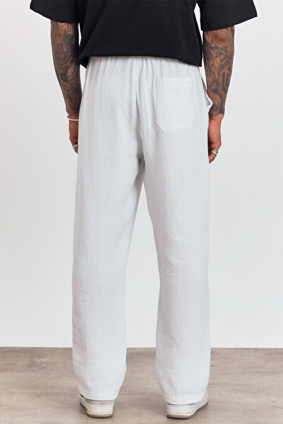 MADZEYMODA Ανδρικό καλοκαιρινό παντελόνι Premium με ελαστική μέση 100% βαμβακερό λευκό υφαντό παντελόνι LS-23100