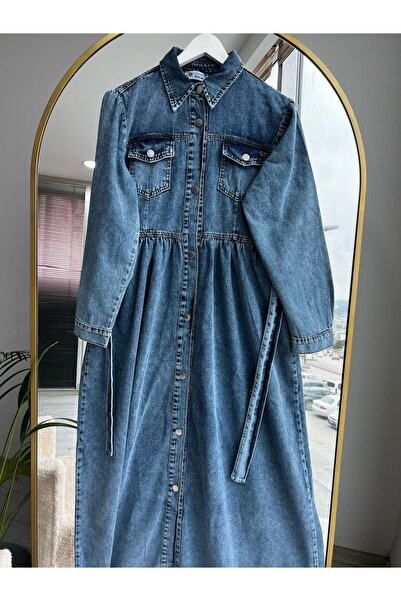 Bold Grup Kadın Denim Cep Detaylı Kemerli Tesettür Kot Elbise