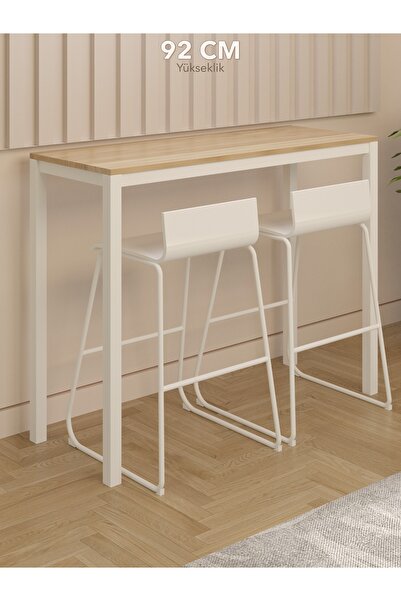 NEATS Safir Meşe Bar Masası, 45x116, Yüksek Bar Masası, Mutfak Masası, Metal Ayak, Ahşap Yemek Masası 92cm