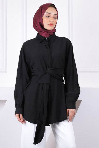 İmajButik Μαύρο πουκάμισο με ζώνη στη μέση