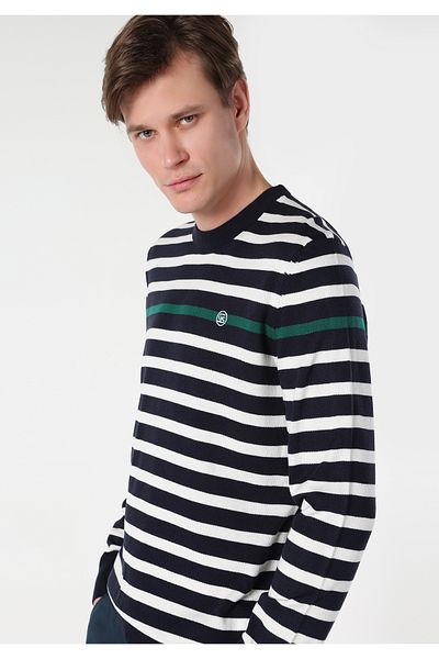 Colin's Navy Blue Striped Regular Fit Crew Neck Men's Sweater