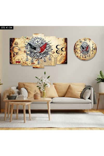 fabriflow exclusive Ataturk Bayraklı Osmanlı Mdf Tablo  5 Parça Set Ve saatli