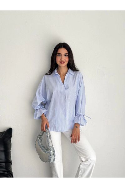 MODAVERA Striped Blouse Shirt with Asymmetrical Slit Cut Detail on the Back - Blue