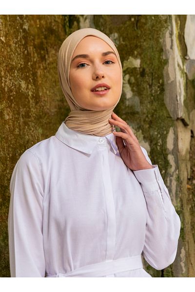 Refka Oxford Fabric Hidden Button Long Shirt Hijab Dress - White - Basic