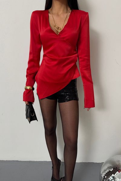 Moka Shopin Red Mokashopin Satin Anvelop Cuff Sleeve Bluz