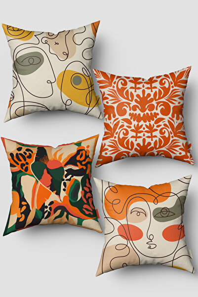 EsnafAli Πορτοκαλί Μαύρο Σετ με αφηρημένα σχέδια με 4 κάλυμμα μαξιλαριού