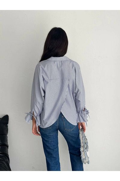 M&S WEARSTEP Striped Blouse Shirt with Asymmetrical Slit Cut Detail on the Back - Smoked