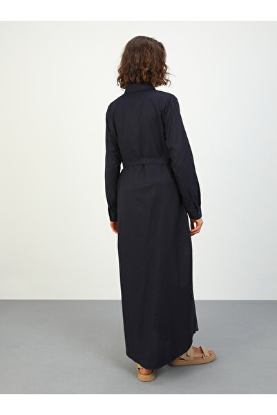 Refka Oxford Cloth Hidden Button Long Shirt Hijab Dress - Navy Blue - Benin