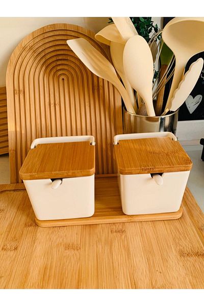 morponi 250ml Porcelain Salt and Pepper Shakers with Bamboo Stand