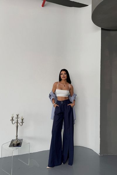 Kokosh moda Casual Front Slit Detailed Waist Belted Trousers - Navy Blue