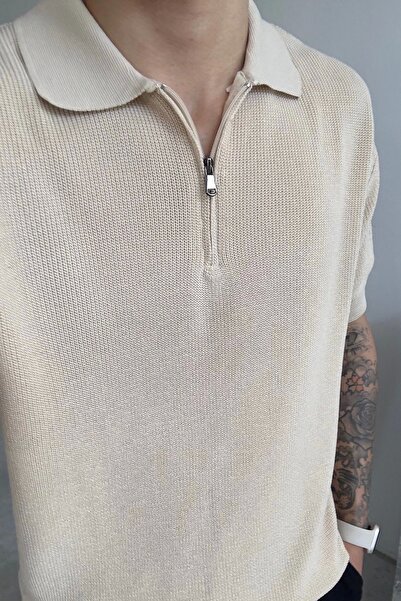 yung Beige Polo Neck Half Zip Knitwear