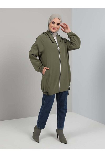 Tavin Khaki Coat - Hooded, Zippered and Elastic Sleeve