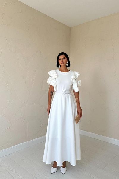 Kokosh moda Λευκό φόρεμα με φλάντζα με ζώνη