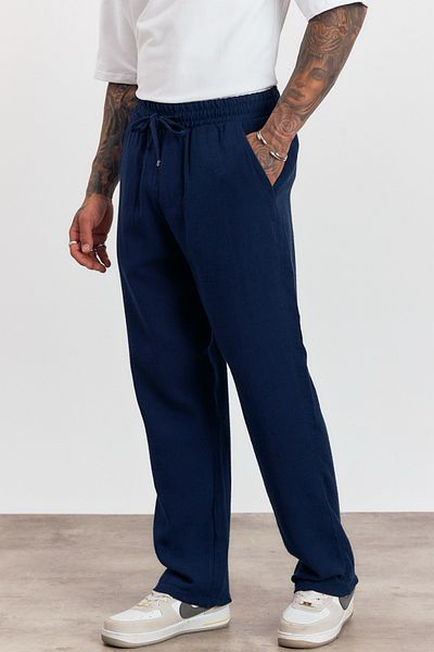MADZEYMODA Ανδρικό καλοκαιρινό ελαστικό παντελόνι μέσης 100% βαμβακερό μπλε ναυτικό LS-23100