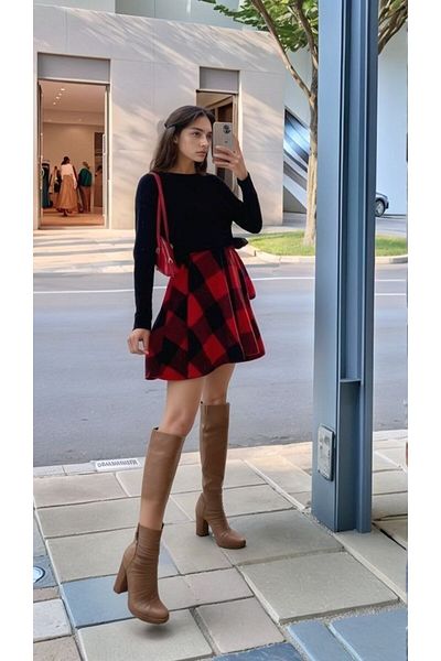 JANES Rochie scurtă în carouri, cu mânecă lungă, cu decolteu, din viscoză