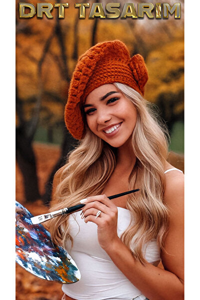 drt tasarım قبعة رسام بلون القرفة مع بوم بوم وقفازات بدون أصابع
