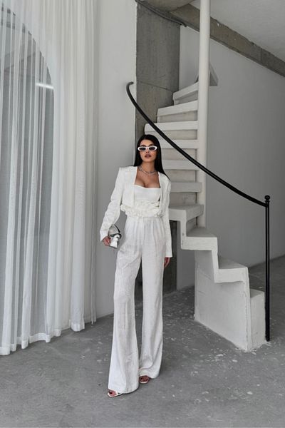 gelirr Jacquard Blouse Design Detailed Jacket-Pants-Blouse 3 Piece Set - White