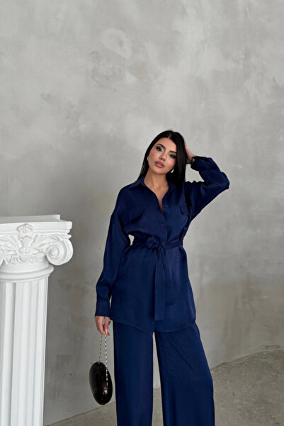 JANES Silvery Fabric Loose Pants - Shirt Set - Navy Blue