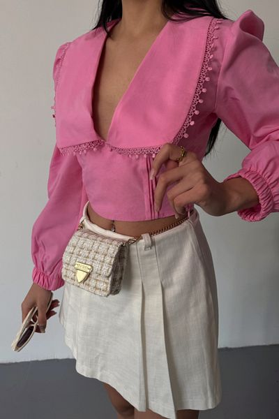 gelirr Crop Poplin Shirt with Collar Edge Lace Detail - Pink