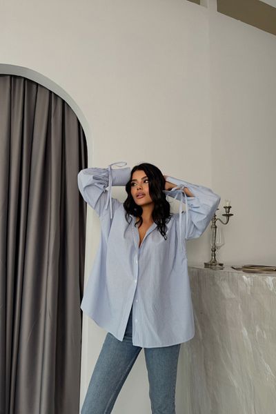 MODAVERA Striped Poplin Shirt with Cuff String Detail - Blue