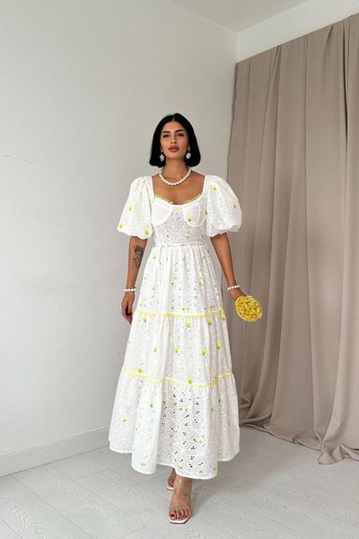 modamuvo Yellow Lace Detailed Embroidered Dress