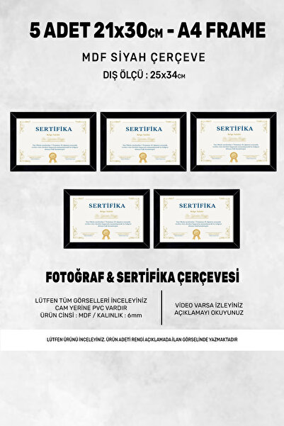 yhfoto 5 Adet A4 Çerçeve Siyah Pvcli 21x30 Sertifika Için Çerçeve Diploma Için Çerçeve Belge Için Çerçeve