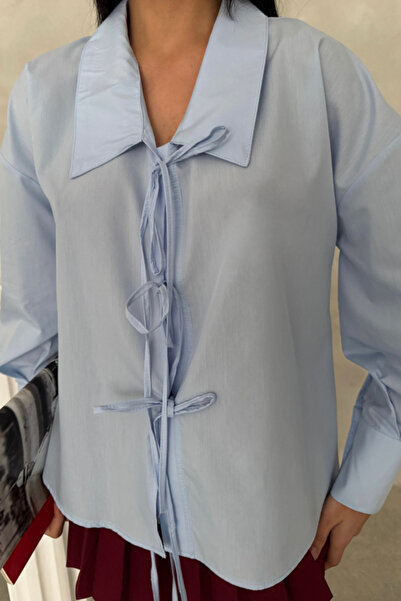 buğrahayalin School collar poplin shirt with ribbon detail - baby blue
