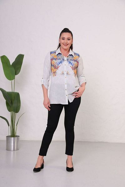 Mezure Patterned Stone Front Buttoned Blouse Large Size