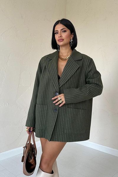 Femella Women Fashion Khaki Striped Oversize Jacket