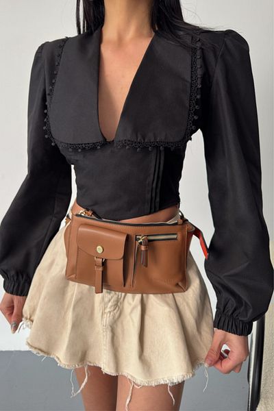 gelirr Crop poplin shirt with collar edge and lace detail - black