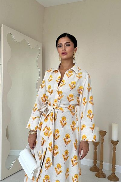 Aemido Beige Print and Buttoned Front Linen Dress