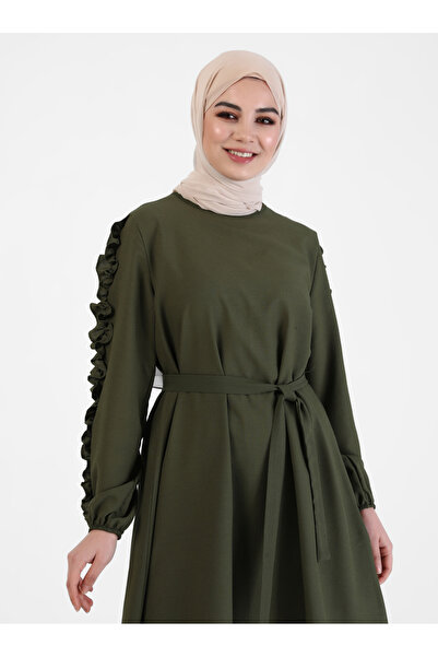 Tavin Belted Tunic Trousers with Ruffled Sleeves Detail Double Set-khaki-